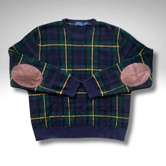 Polo Ralph Lauren Archival Blackwatch Wool Sweater w/ Suede Elbow Patches | L - Picture 4 of 10